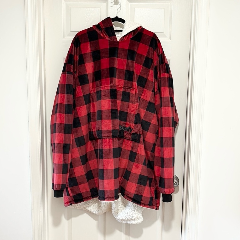 The Comfy Red & Black Buffalo Plaid Sherpa Lined Blanket Hoodie Unisex One Size